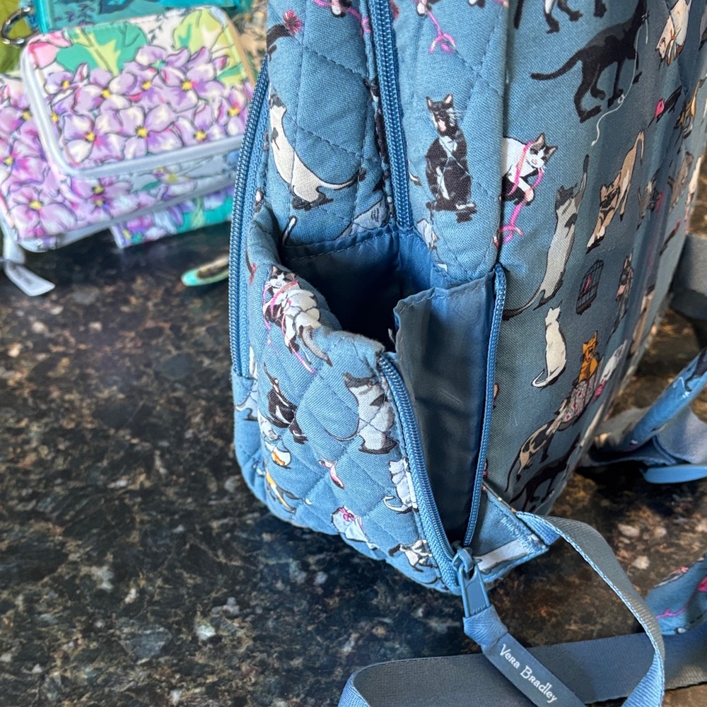 Vera Bradley Blue Cat Print Quilted Backpack with Pouch.  MINI BACKPACK - Picture 4 of 10
